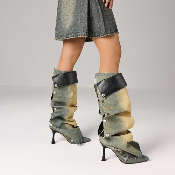 🆕Women Yellow Knee High Stiletto Pointed Toe High Heels Wide Calf Slouchy Boots - Picture 7 of 7